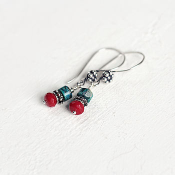 Chrysocolla And Coral Gemstone Earrings, 2 of 8