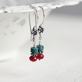 Chrysocolla And Coral Gemstone Earrings, 4 of 8