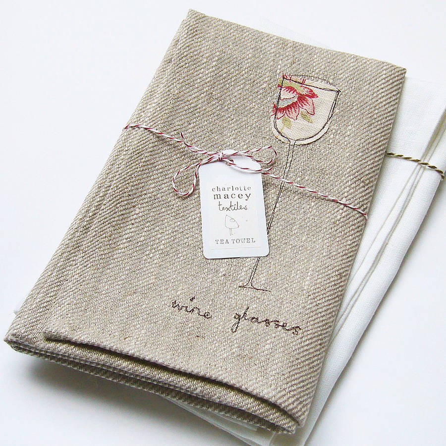 embroidered linen wine glasses tea towel by charlotte macey