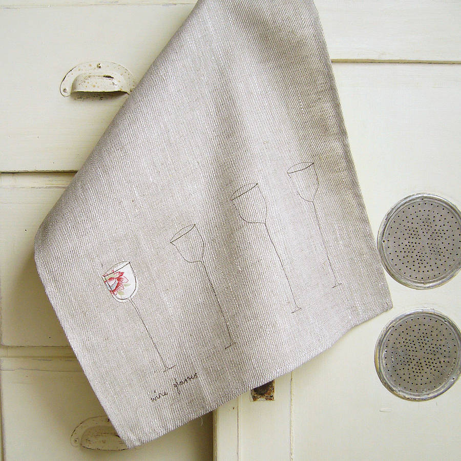 embroidered linen wine glasses tea towel by charlotte macey