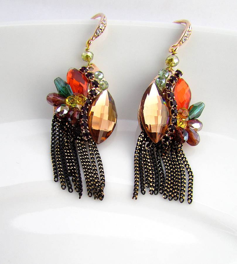 Gold Gemstone Tassel Earrings By Misskukie