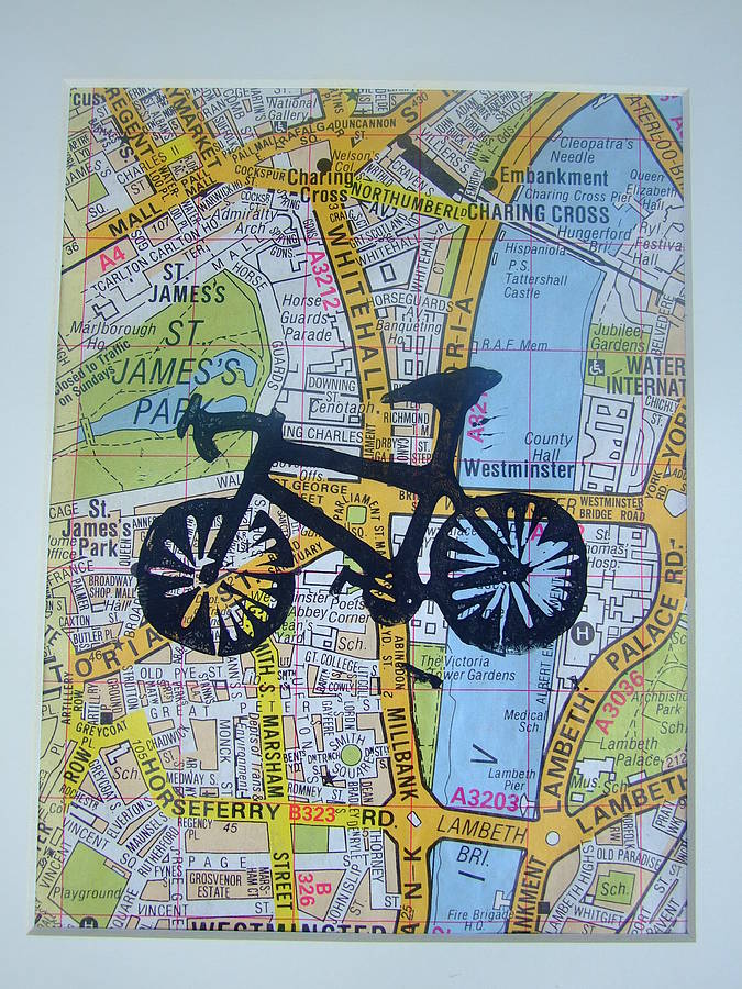 Bicycle Print On Vintage Colour London Map By Something ...