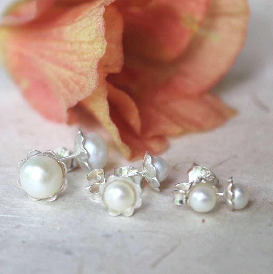 white pearl and silver flower stud earrings by bish bosh becca