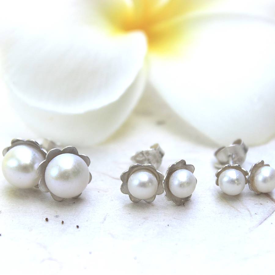 White Pearl And Silver Flower Stud Earrings By Bish Bosh Becca White Pearl And Silver Flower Stud Earrings