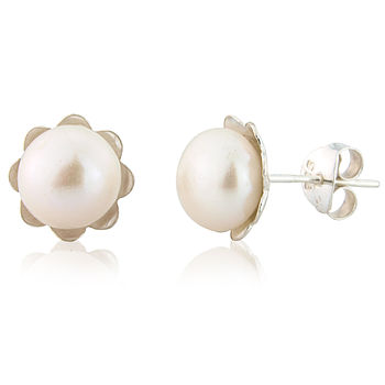 White Pearl And Silver Flower Stud Earrings, 2 of 4