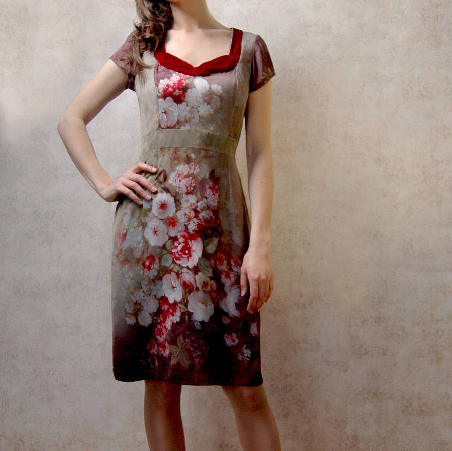 1950s Shift Dress In Rembrandt Rose Print Silk, 1 of 4
