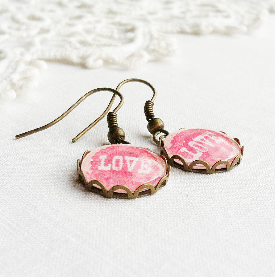 Pink 'Love' Earrings By Pomegranate Prints