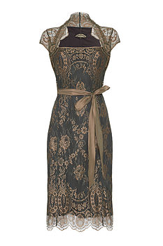 Lace Occasion Dress With Forties Neckline In Green Gold, 4 of 5