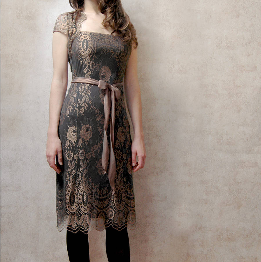 Lace Occasion Dress With Forties Neckline In Green Gold, 1 of 5