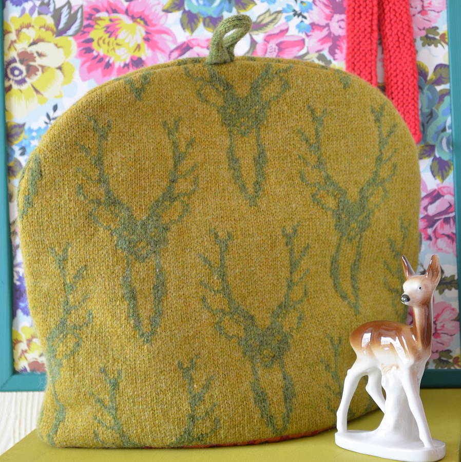 stag head knitted tea cosy by nervous stitch