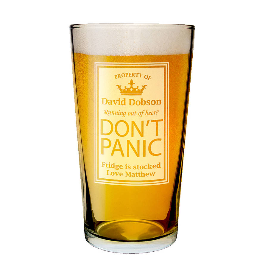 customised 'dont panic' pilsner glass by the letteroom