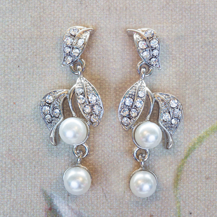 Tippi Crystal Leaf And Pearl Earrings By Lola & Alice