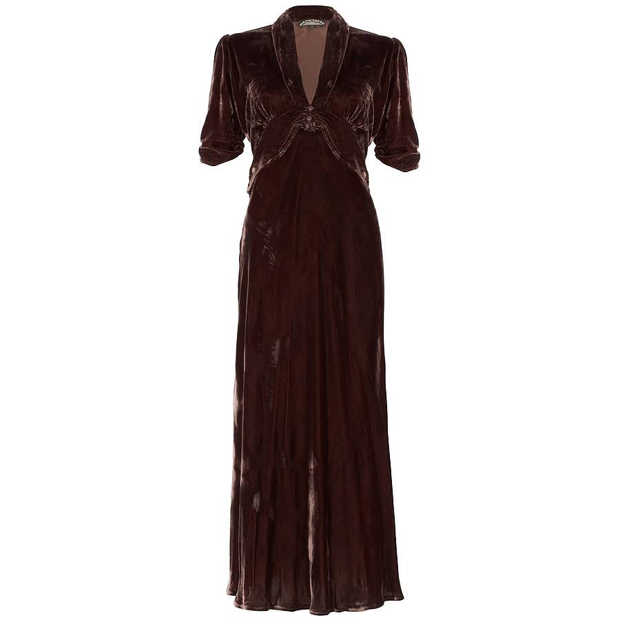 1940s Style Midi Dress In Chocolate Silk Velvet, 1 of 4