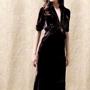 1940s Style Midi Dress In Chocolate Silk Velvet, 2 of 4