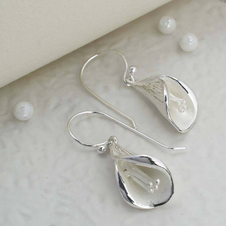 Sterling Silver Calla Lily Dangly Earrings, 1 of 6