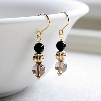 Smoky Quartz, Onyx And Gold Earrings, 2 of 7