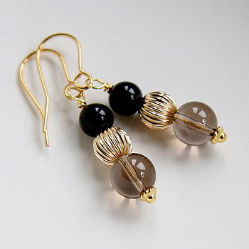 Smoky Quartz, Onyx And Gold Earrings, 5 of 7