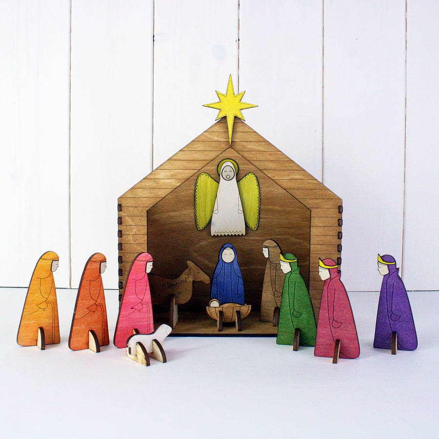 Wooden handpainted christmas nativity set by bombus 