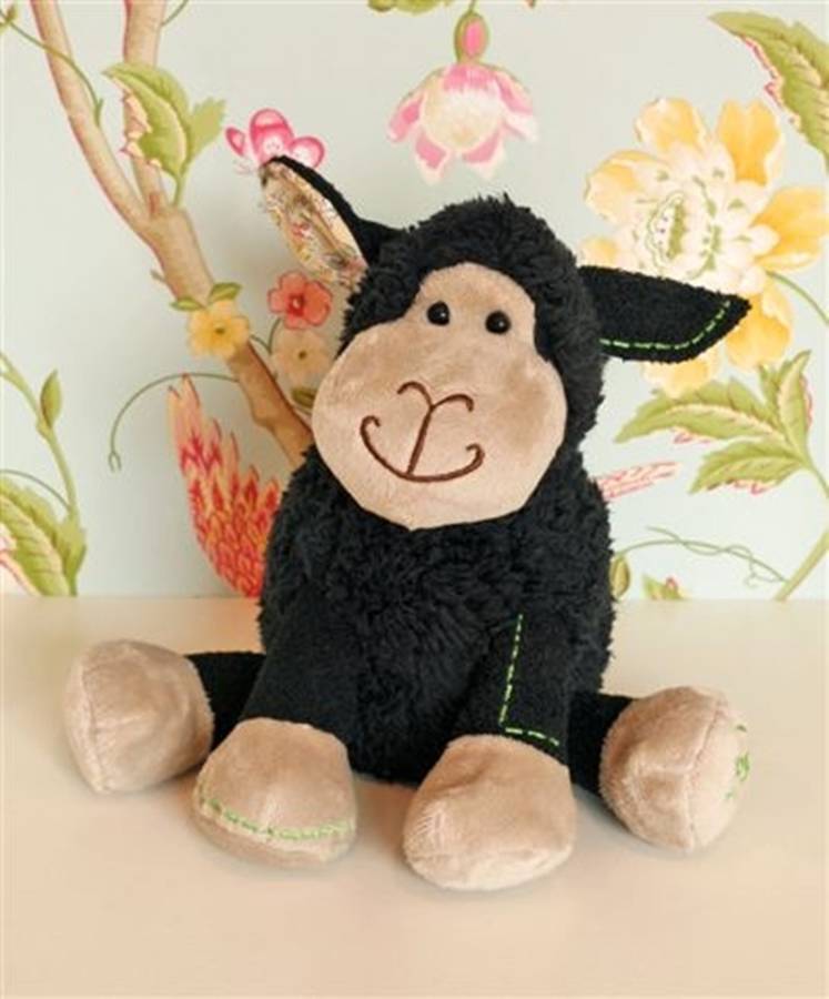 Image of Black Lamb Soft Toy With Green Stitch Detail, Baby Blue/Blue/Grey