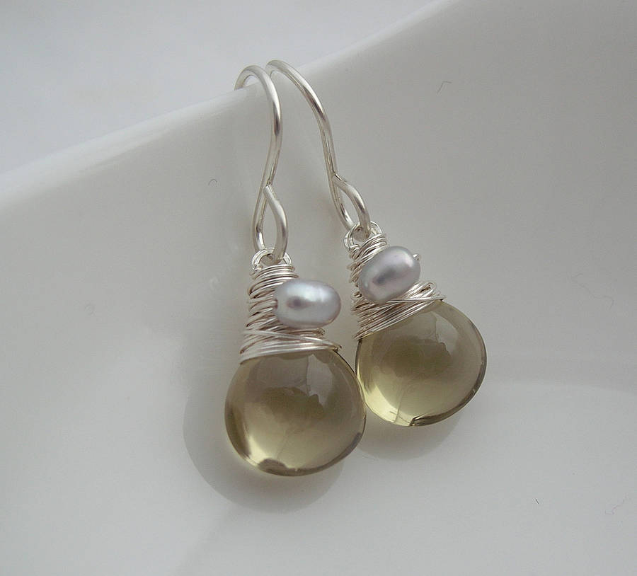 Olive Quartz Drop Earrings By Sarah Notonthehighstreet Green Pebble Gemstone And Pearl Earrings In Sterling Silver
