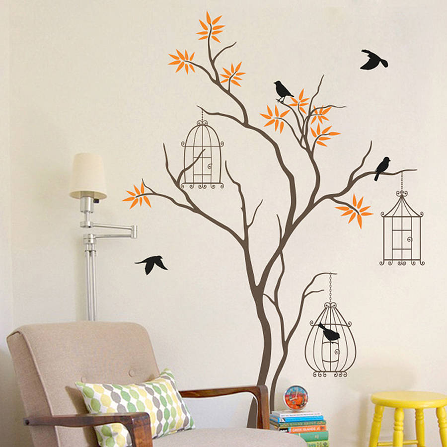 tree with birds  and birdcage wall  decal  by wall  art  