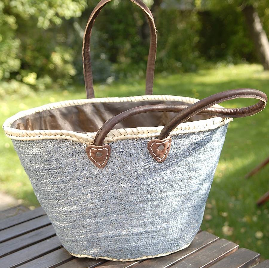 Silver Sequinned Beach Basket By Skoura