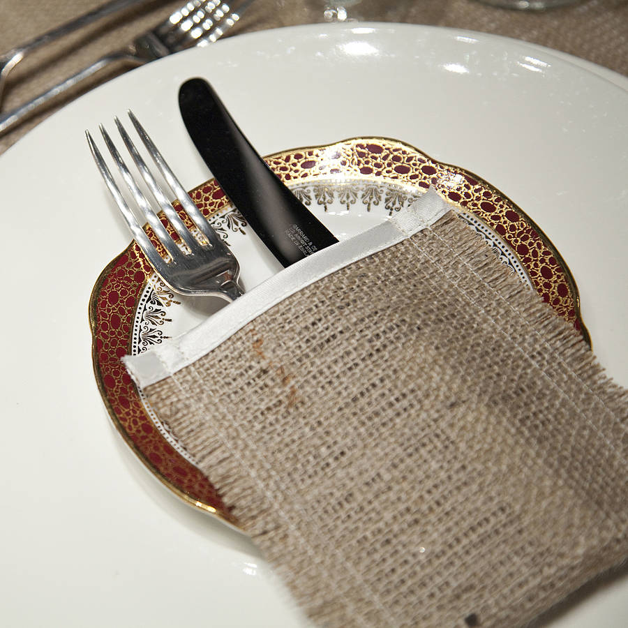 Hessian And Satin Wedding Cutlery Sleeve Set Of Four By Baloolah