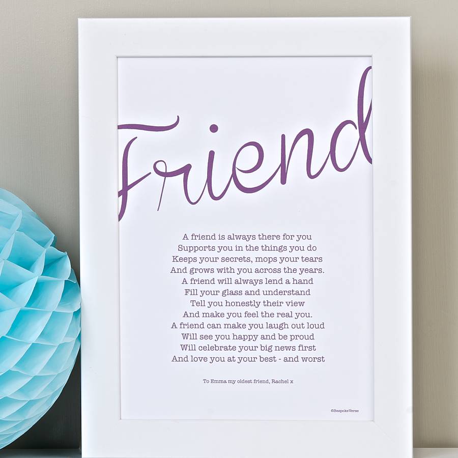Friend Personalised Print With Friendship Poem By Bespoke