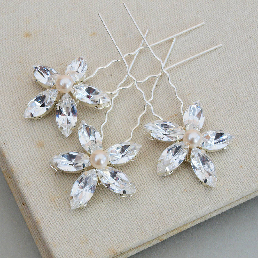 Three Mary Crystal Flower Bridal Hair Pins By Jewellery Made By Me 0511