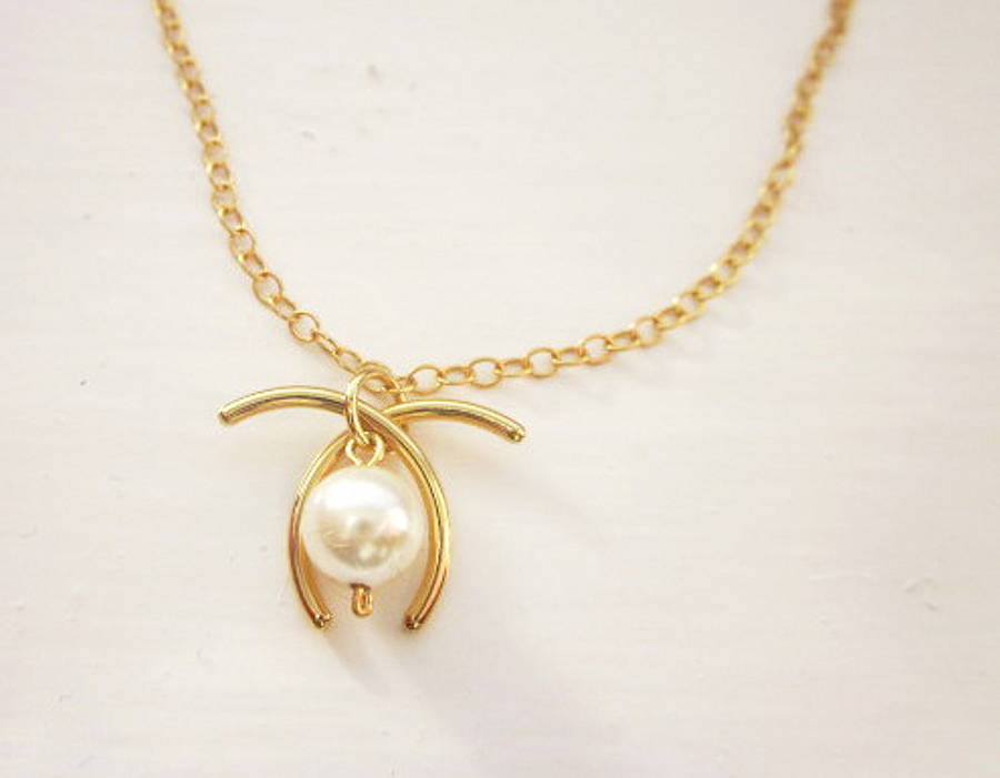 Wishbone Gold Necklace Made With Swarovski Pearl By Julia Ann Davenport ...