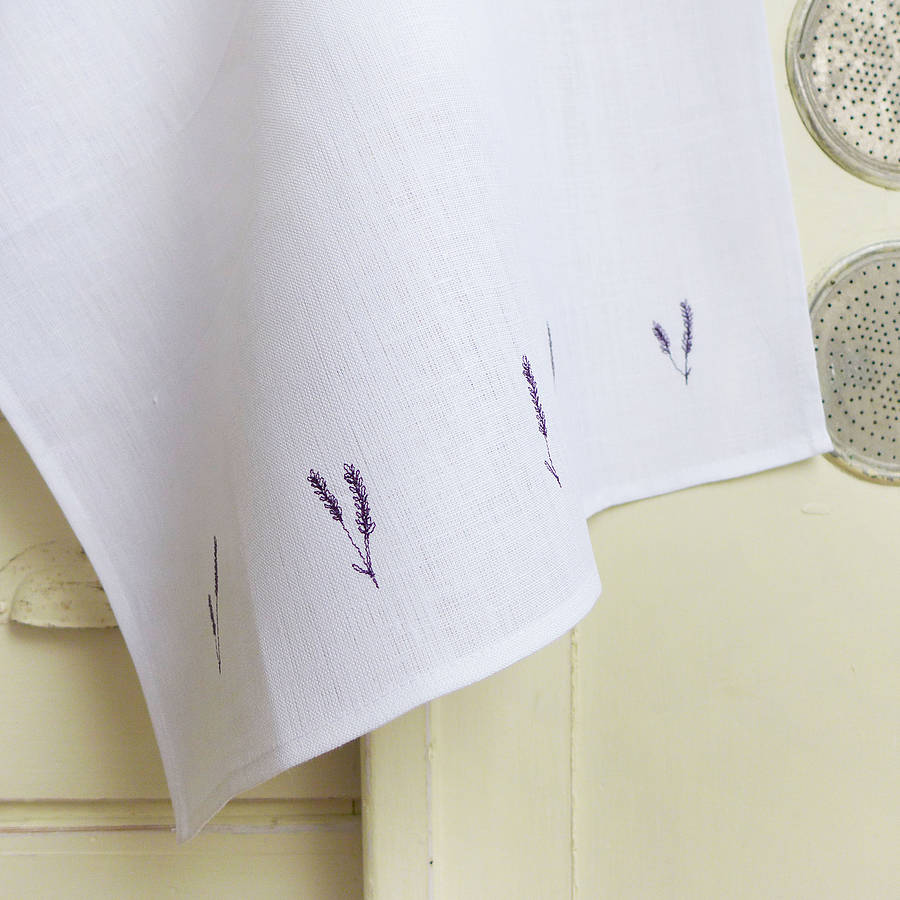 Embroidered Linen Lavender Tea Towel By Charlotte Macey