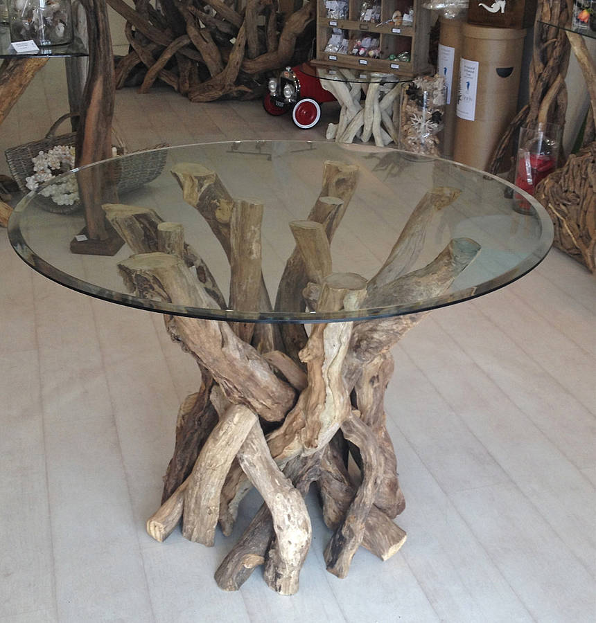 glass top dining table with driftwood base