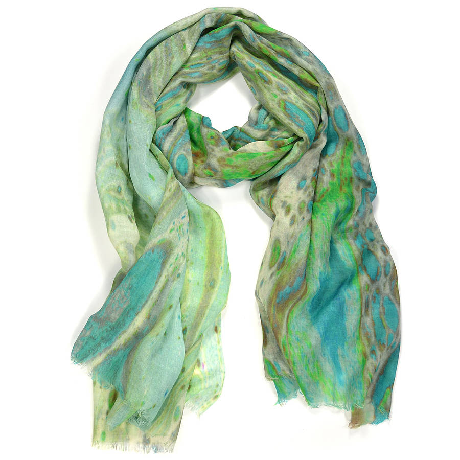 Chalcedony Aqua Marble Print Wool Silk Scarf By Edition de Luxe ...