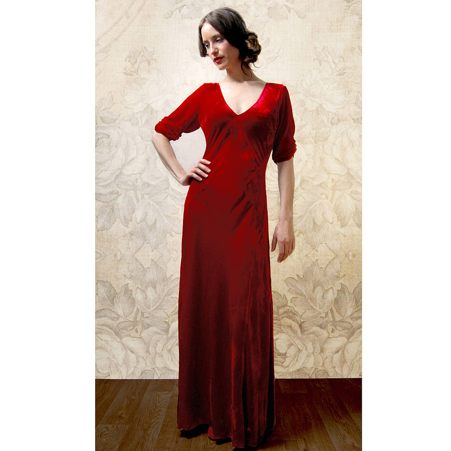 1940s Style Maxi Dress In Deep Red Silk Velvet, 1 of 7