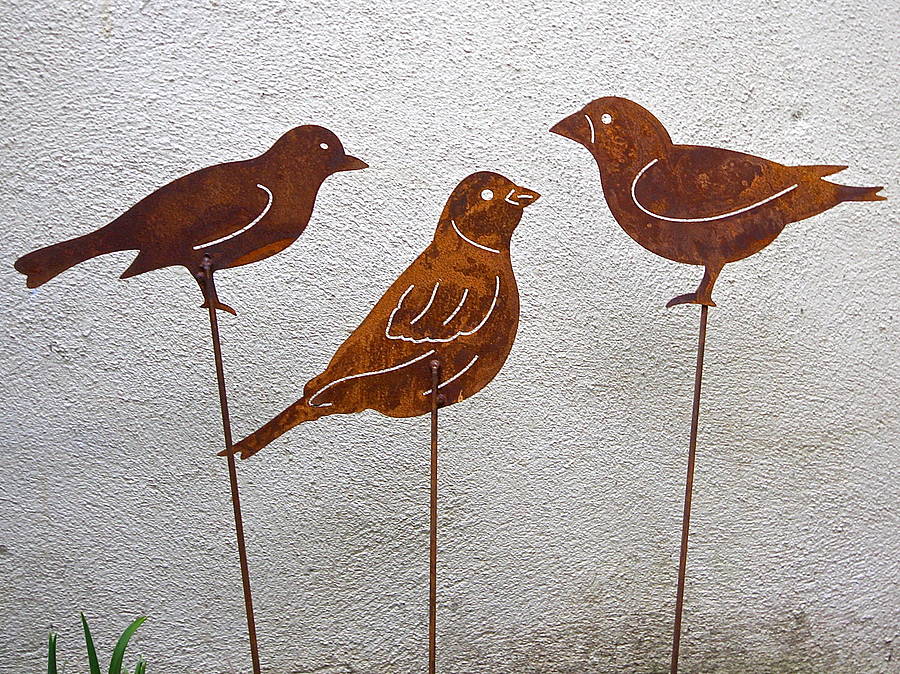 Set Of Three Rusted Bird Garden Sculptures