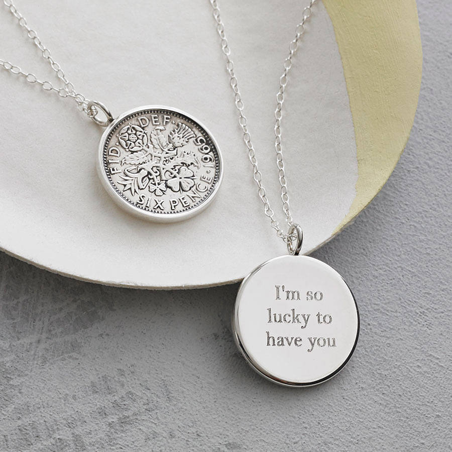 Personalised Engraved Lucky Sixpence 1950 Coin on 18 inch sterling silver chain 