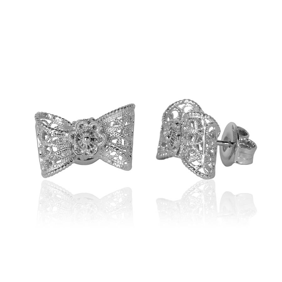 Silver Ethical Filigree Bow Stud Earrings, 1 of 3