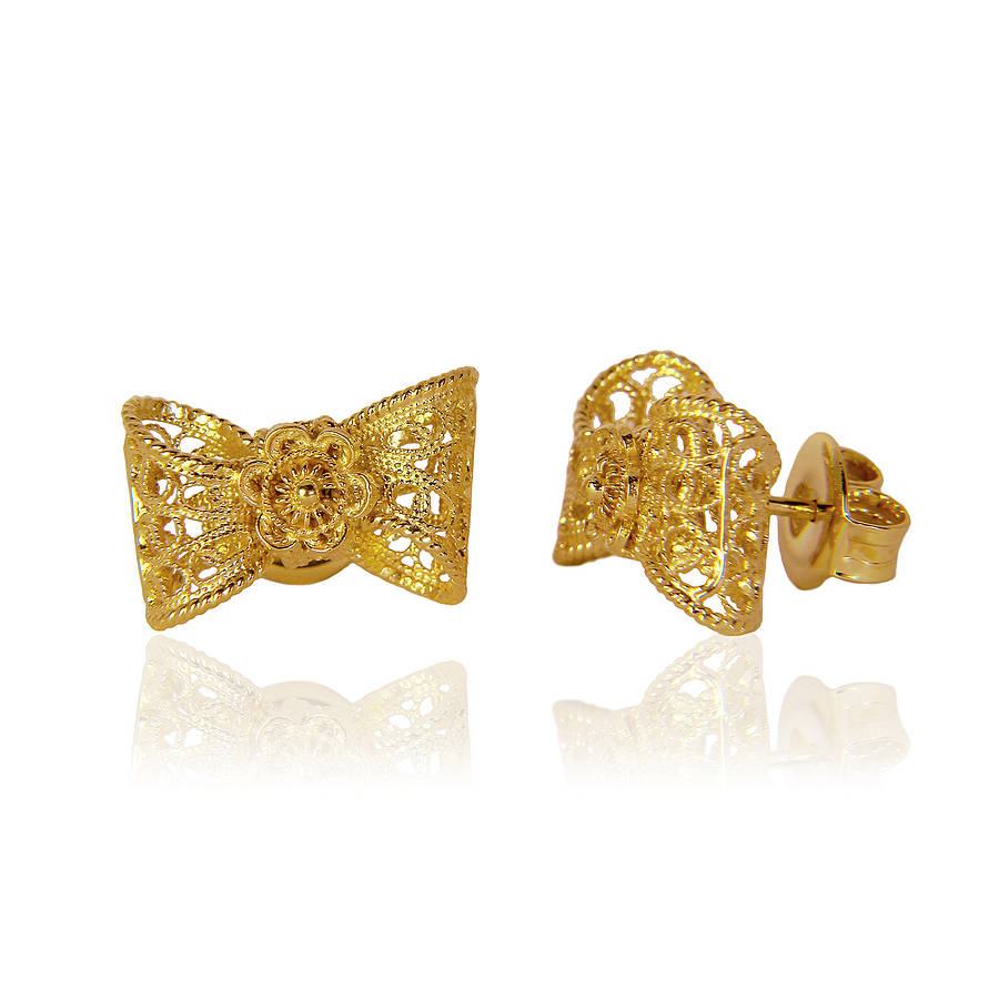 Gold Ethical Filigree Bow Stud Earrings By Arabel Lebrusan Gold Ethical Filigree Bow Stud Earrings