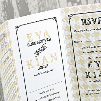 Vintage Typography Wallet Wedding Invitation, 5 of 11