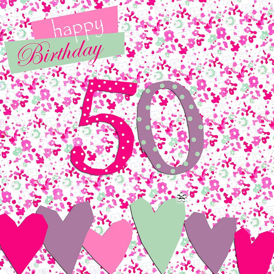 Floral Pink 50th Birthday Card With Crystal Gem By Sabah Designs ...