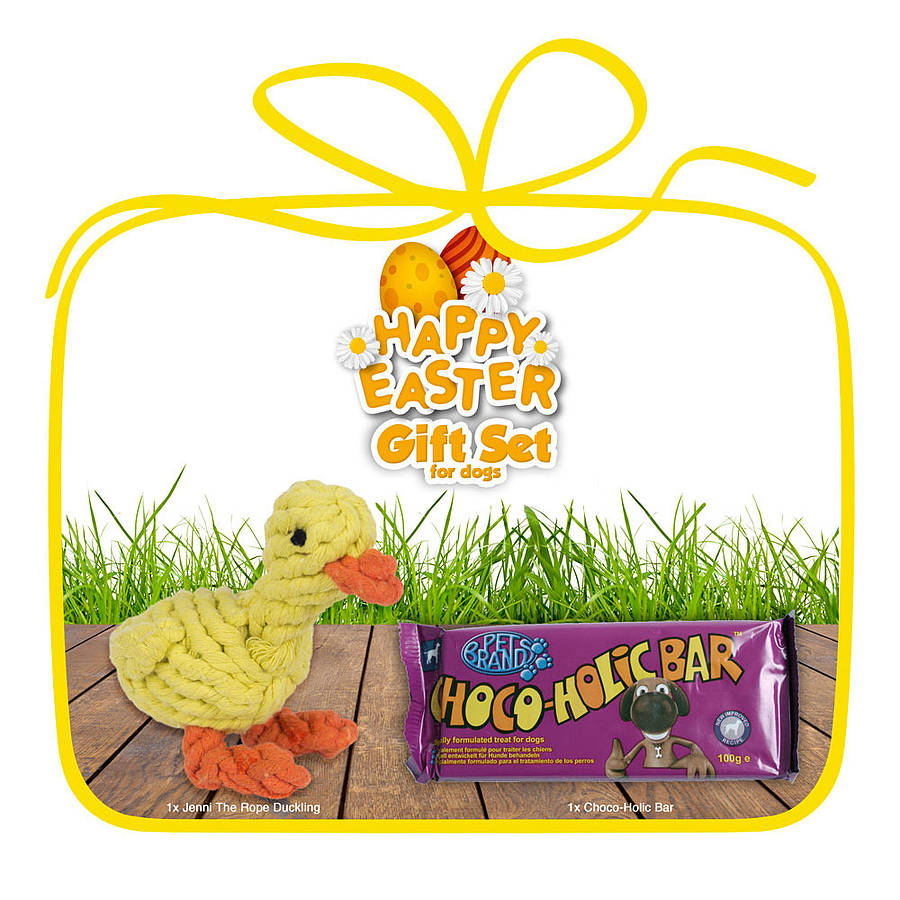 easter duckling dog toy and choco bar set by noah's ark