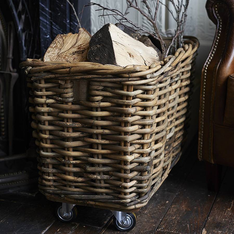 Large Rectangular Rattan Log Basket With Wheels By Brush64