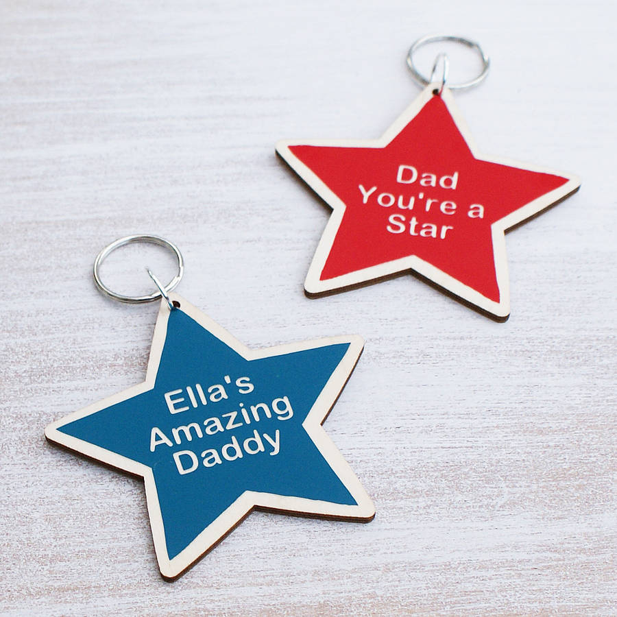 Image of Personalised Birch Wood Star Keyring, Red/Pink/Purple