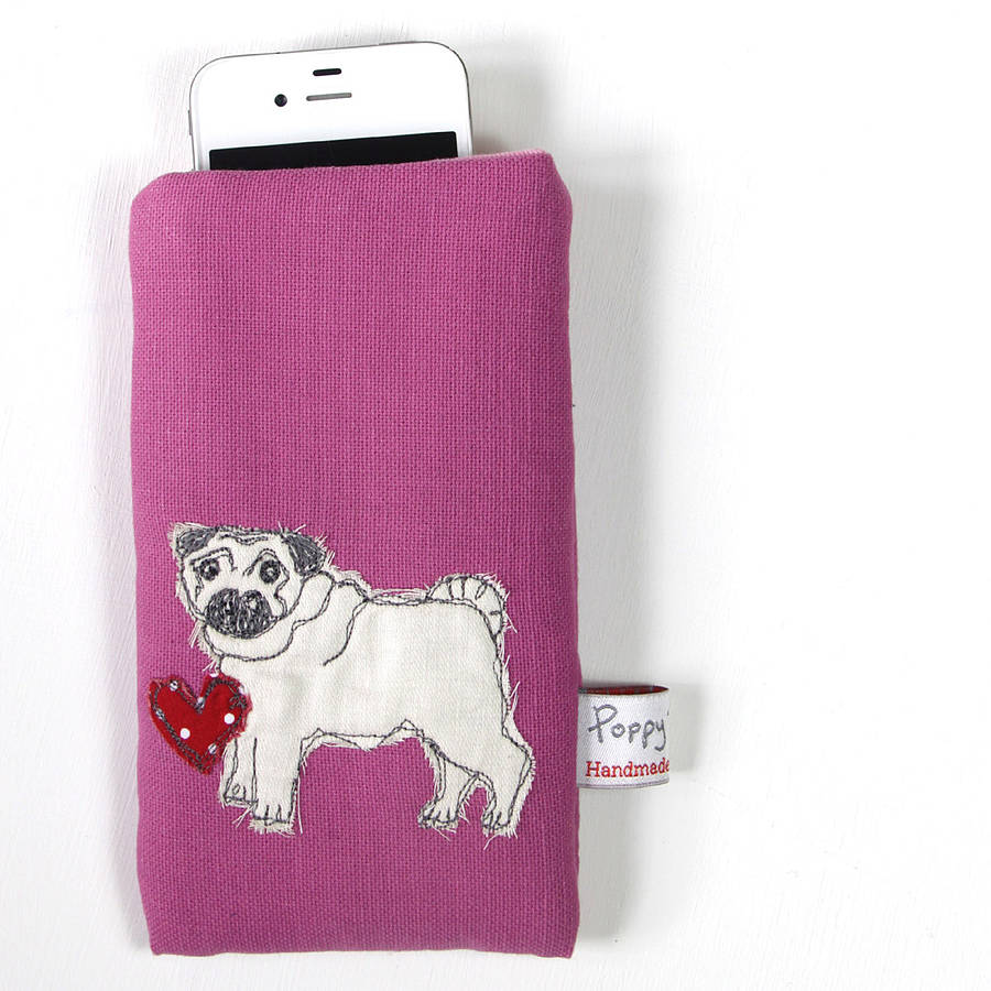Embroidered Phone Case Pug By Poppy Treffry
