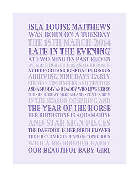 Personalised Baby Birth Story Print, 4 of 7