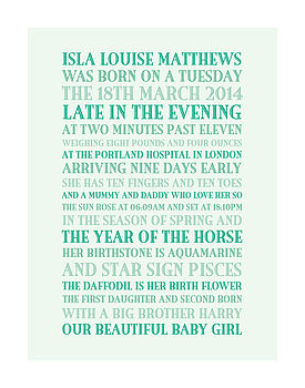 Personalised Baby Birth Story Print, 5 of 7