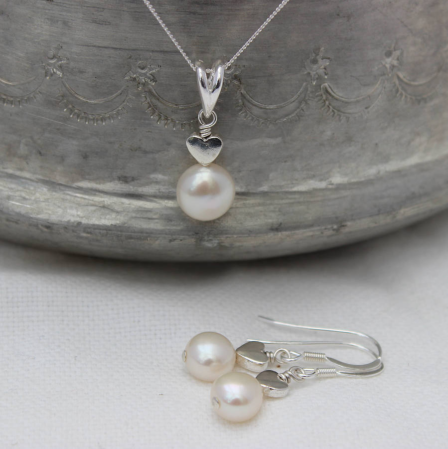 White Pearl Pendant And Earrings Set By Bish Bosh Becca 