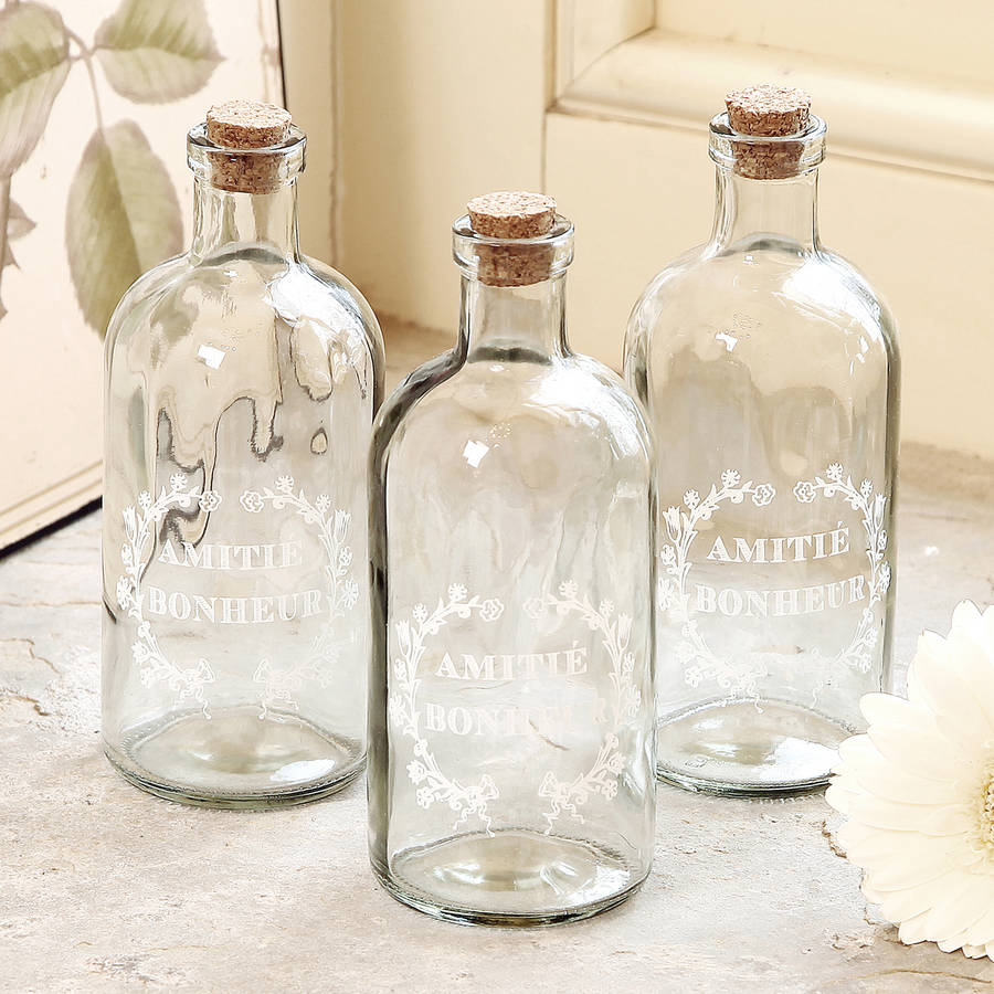 set of three glass etched bathroom bottles with cork by dibor