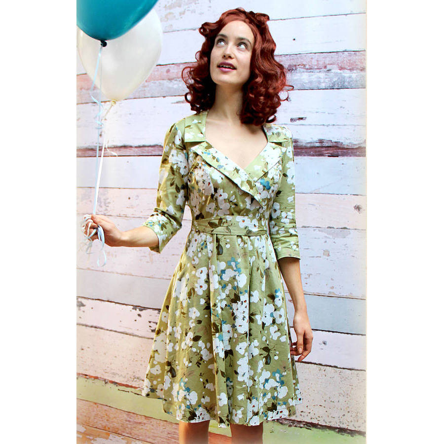 1950s Style Full Skirted Dress In Green Candy Floral By Nancy Mac