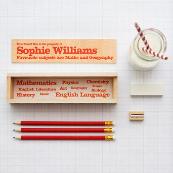 Personalised Wooden Pencil Box And Contents, 3 of 4